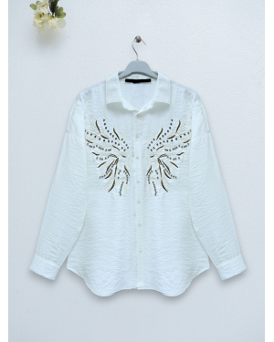 Taş Ve Nakış İşlemeli Keten Gömlek -Ekru