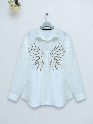 Taş Ve Nakış İşlemeli Keten Gömlek -Ekru