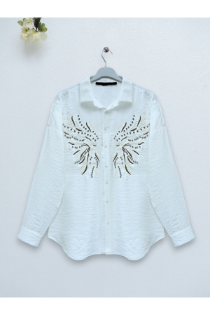 Taş Ve Nakış İşlemeli Keten Gömlek -Ekru