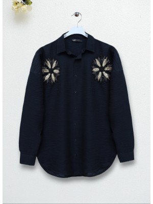 Pullu Güneş Nakışlı Gömlek -Siyah