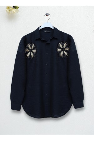 Pullu Güneş Nakışlı Gömlek -Siyah