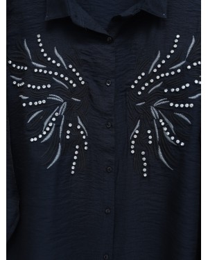 قميص كتان حجري ومطرز -أسود