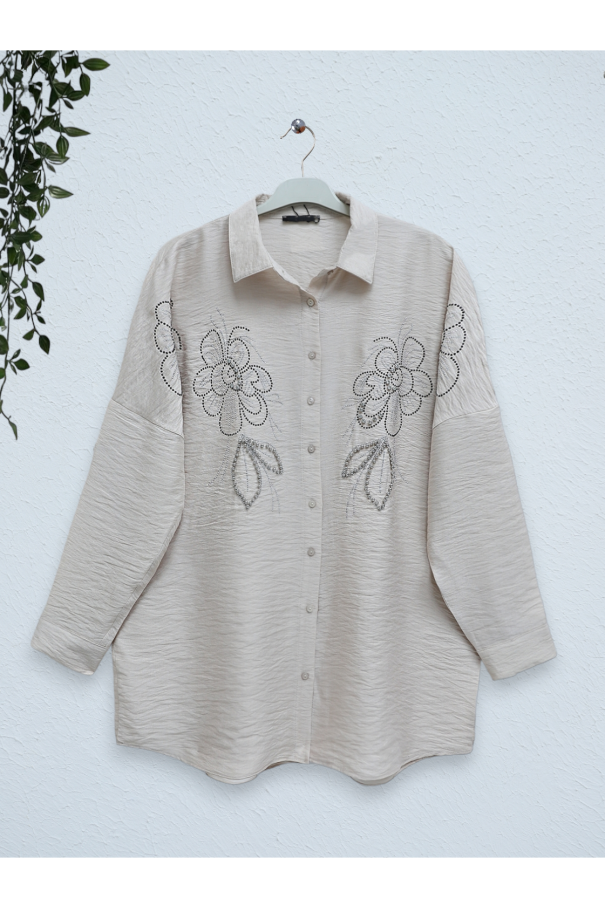 Stoned Flower Patterned Oversize Shirt - Beige