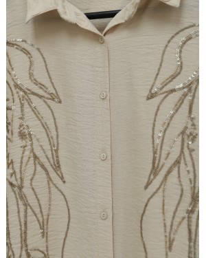 Yaprak Desen Pul Payet Gömlek -Vizon