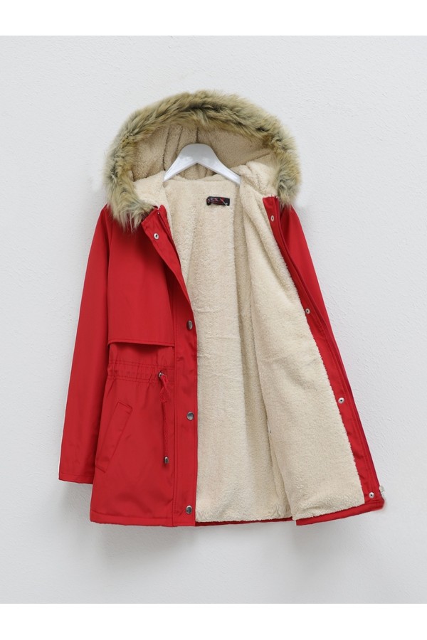 Bolero Detailed Fur Hooded Coat with Plush Inside -Red