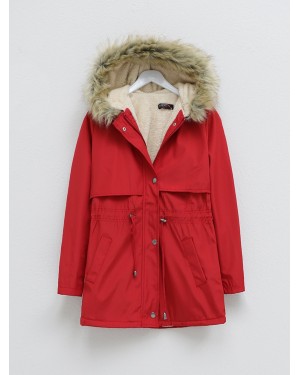 Bolero Detailed Fur Hooded Coat with Plush Inside -Red