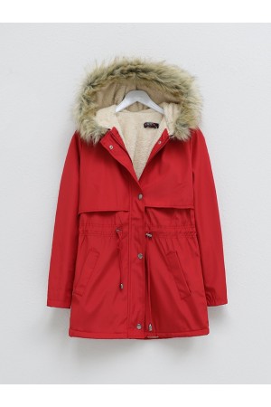 Bolero Detaylı Kürklü Kapşonlu İçi Peluşlu Mont -Kırmızı