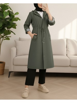 Astarı Çizgili Trençkot    -Haki