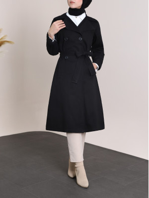 Kolu Katlamalı Düğmeli Kemerli Trençkot -Siyah