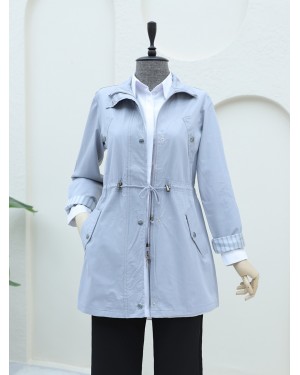 Araboy Trench Coat with Folded Sleeves and Tunnel Lace -Grey