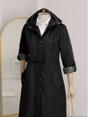 Astarı Çizgili Trençkot -Siyah