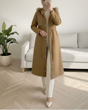 Inside Plush Fixed Hooded Tunnel Lace Long Coat -Mink color