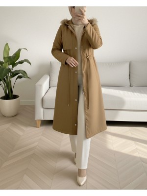 İçi Peluşlu Sabit kapşonlu Tünel Bağcıklı Uzun Mont -Vizon