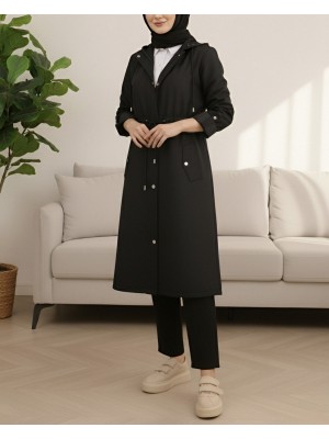 Astarı Çizgili Trençkot    -Siyah