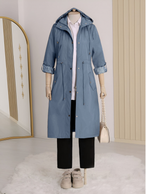 Astarı Çizgili Trençkot -İndigo