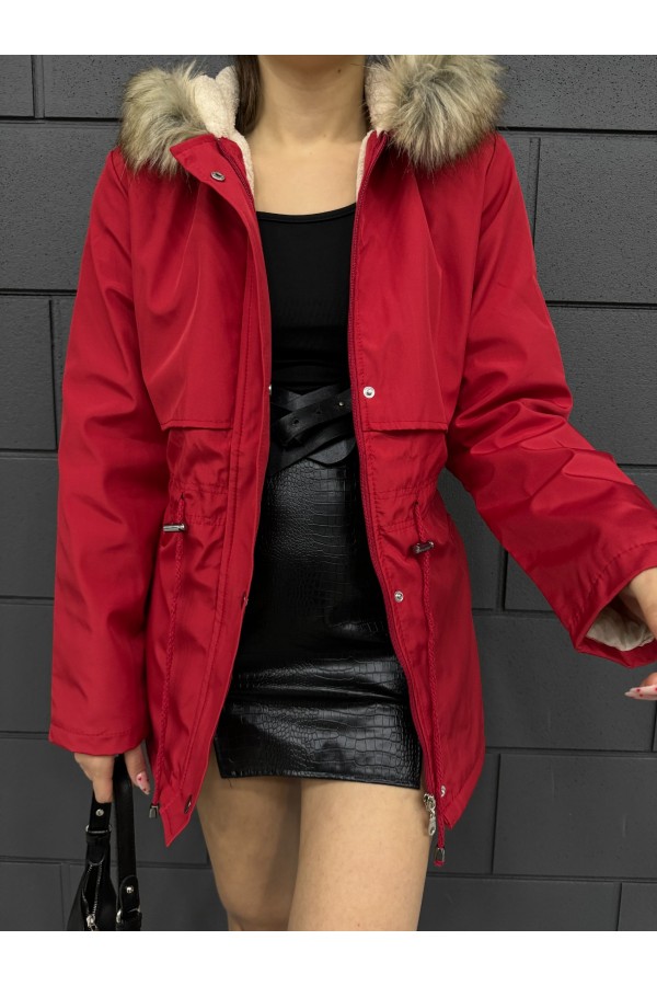 Bolero Detailed Fur Hooded Coat with Plush Inside -Red