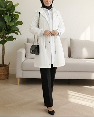Araboy Trench Coat with Folded Sleeves and Tunnel Lace  -White