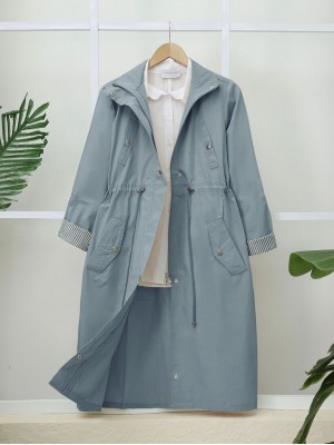 Tünel Bağcıklı Üst Cep Detaylı  Astarsız Yıkamalı Organik Koton Trenckot  -Mavi