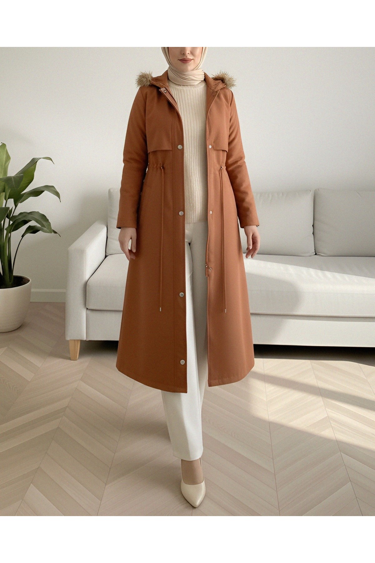 Inside Plush Fixed Hooded Tunnel Lace Long Coat  -Mustard