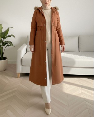 Inside Plush Fixed Hooded Tunnel Lace Long Coat  -Mustard