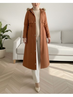 İçi Peluşlu Sabit kapşonlu Tünel Bağcıklı Uzun Mont  -Hardal