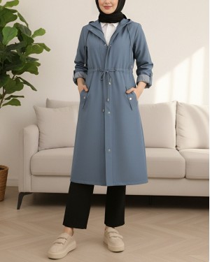 Striped Trench Coat     -İndigo