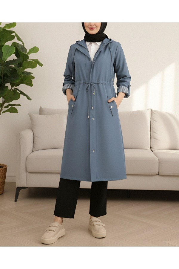 Striped Trench Coat     -İndigo