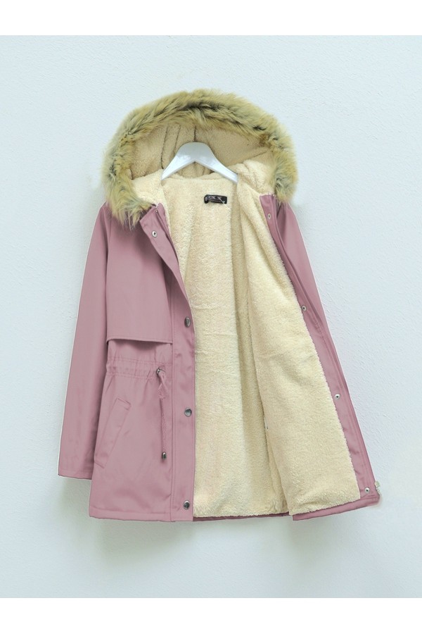 Bolero Detailed Fur Hooded Coat with Plush Inside -Powder