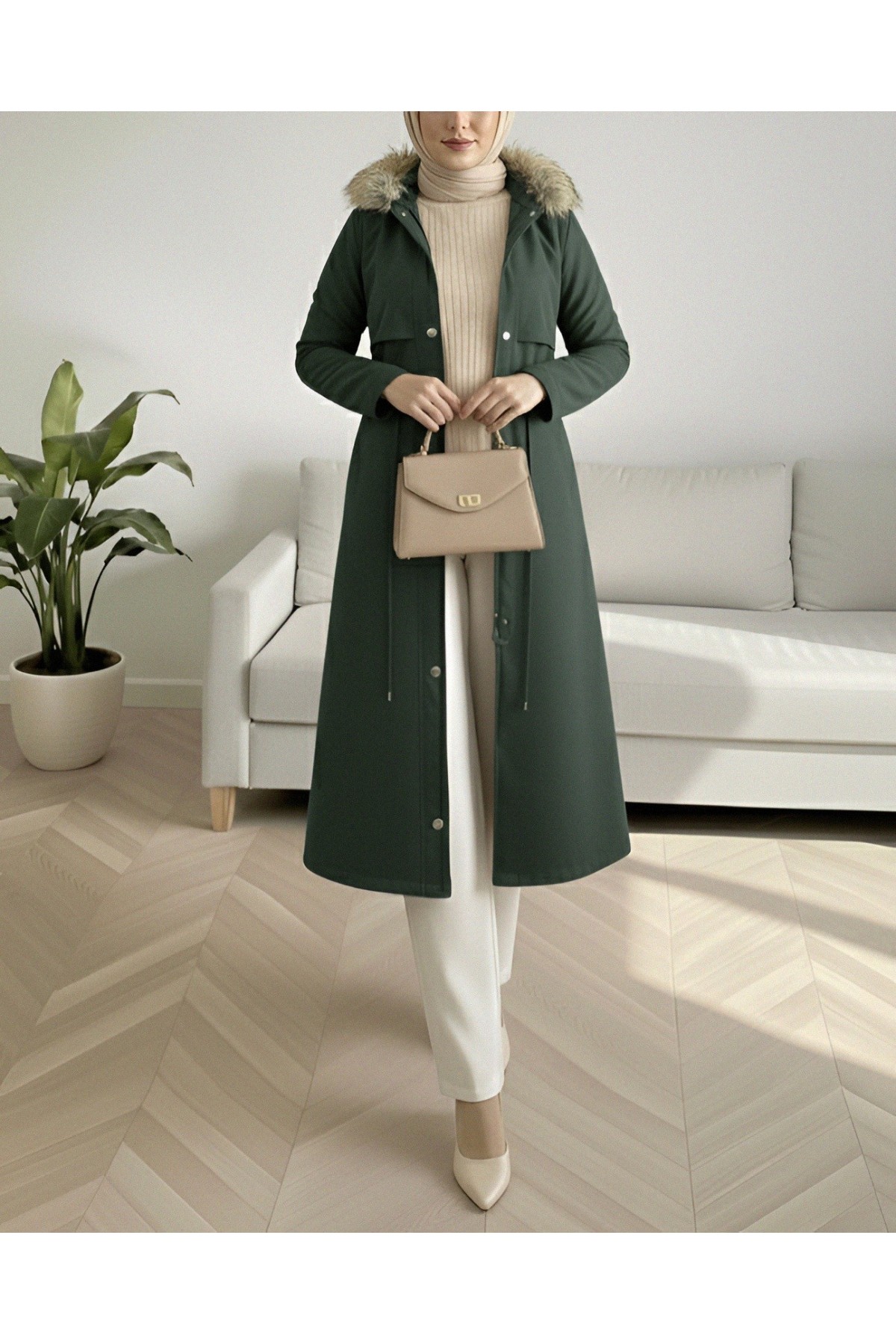Inside Plush Fixed Hooded Tunnel Lace Long Coat -Khaki