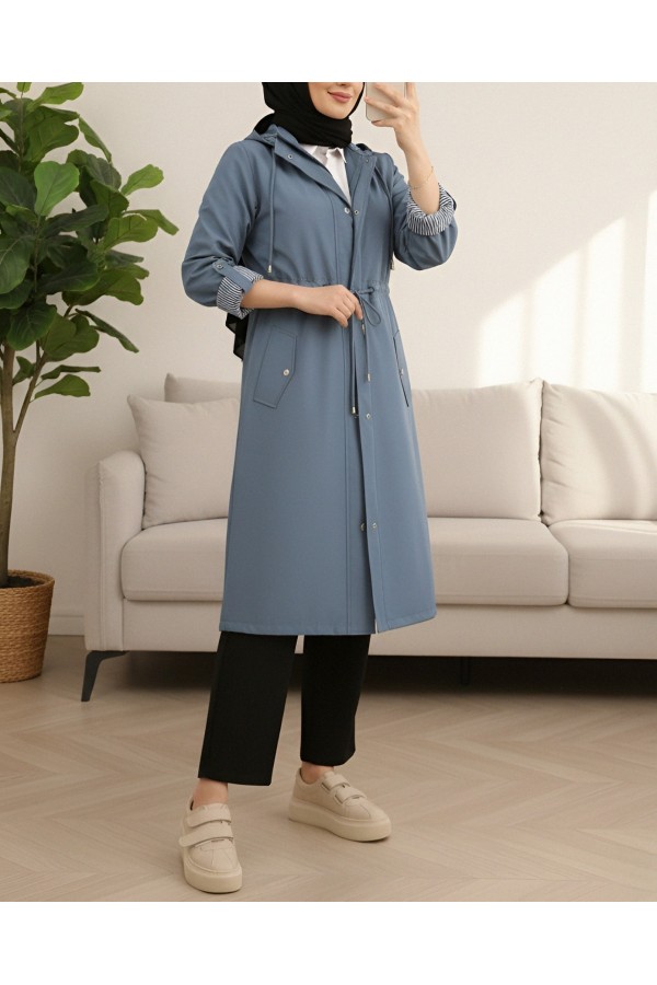 Striped Trench Coat     -İndigo