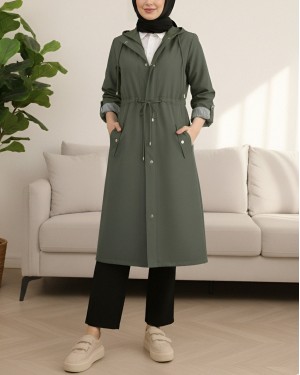 Astarı Çizgili Trençkot    -Haki