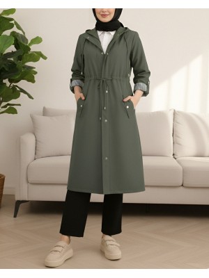 Astarı Çizgili Trençkot    -Haki