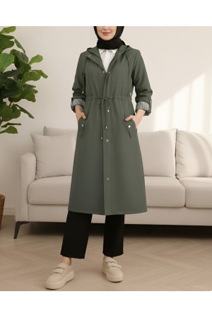 Astarı Çizgili Trençkot    -Haki