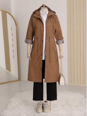 Astarı Çizgili Trençkot       -Toprak