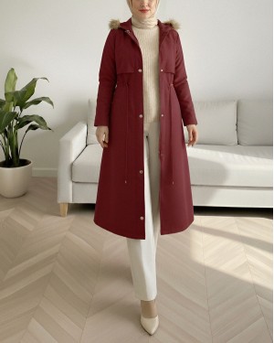 Inside Plush Fixed Hooded Tunnel Lace Long Coat  -Maroon