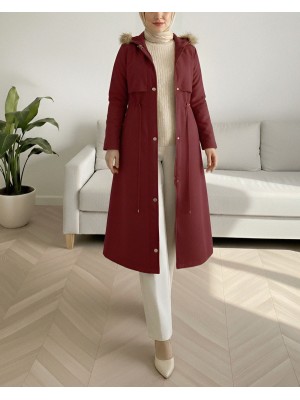 İçi Peluşlu Sabit kapşonlu Tünel Bağcıklı Uzun Mont  -Bordo