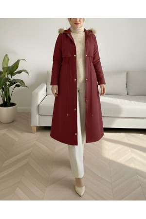 Inside Plush Fixed Hooded Tunnel Lace Long Coat  -Maroon