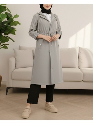 Astarı Çizgili Trençkot  -Gri