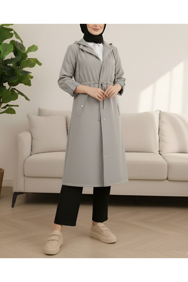 Striped Trench Coat  -Grey