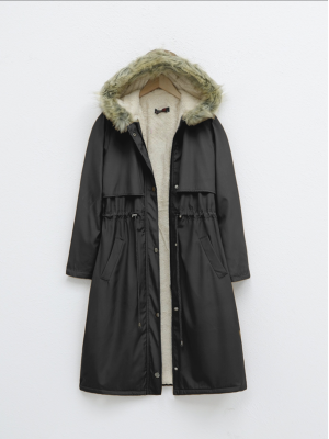 İçi Peluşlu Sabit kapşonlu Tünel Bağcıklı Uzun Mont -Siyah