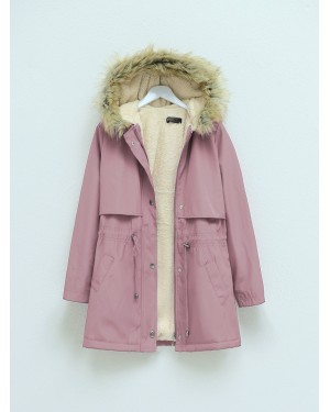 Bolero Detailed Fur Hooded Coat with Plush Inside -Powder