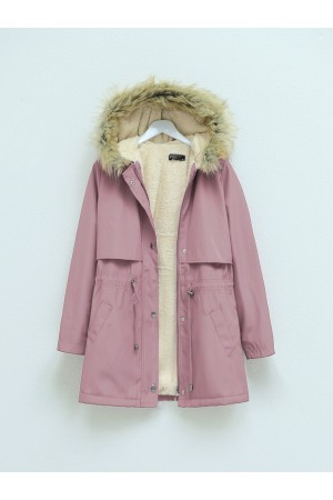 Bolero Detaylı Kürklü Kapşonlu İçi Peluşlu Mont -Pudra