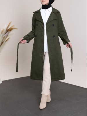 Kolu Katlamalı Düğmeli Kemerli Trençkot -Haki