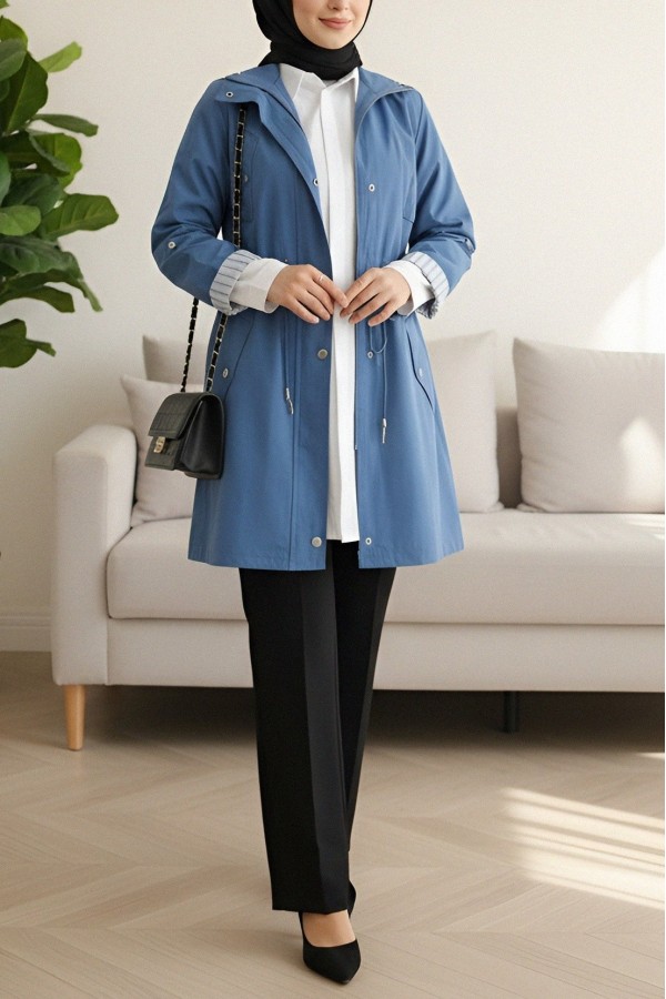 Araboy Trench Coat with Folded Sleeves and Tunnel Lace -İndigo