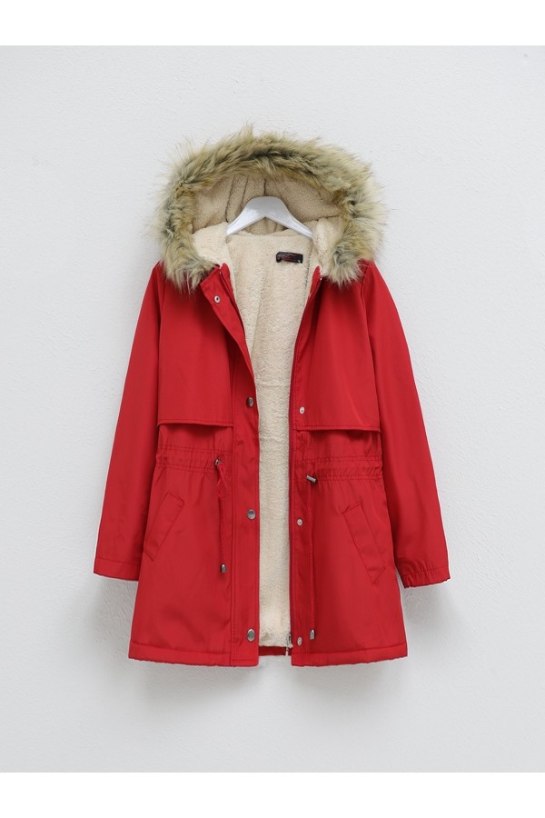 Bolero Detailed Fur Hooded Coat with Plush Inside -Red