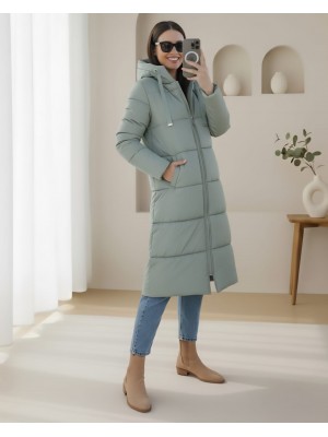 5120 Kapşonlu Uzun Şişme Mont - Mint