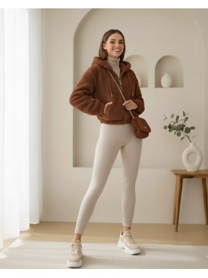5193 Kapüşonlu Peluş Crop Ceket - Kahverengi