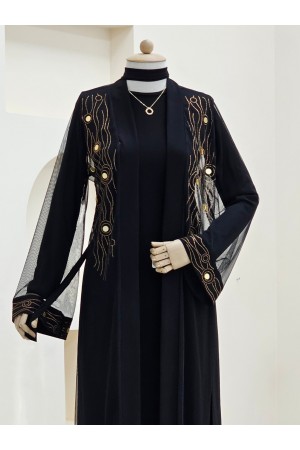 Önü Ve Manşeti Taşlı Abaya  -Bakır