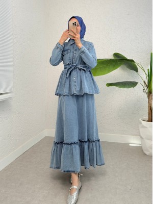 Parçalı Kemerli Jile Ceket İkili Kot Elbise  -Buz Mavi