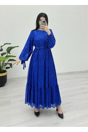 Eteği Dikişli Kemerli Abiye -Saks